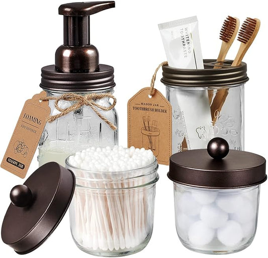 Amolliar Mason Jar Bathroom Accessories Set(4 Pack) - Foaming Soap Dispenser&Qtip Holder Set&Toothbrush Holder-Rustic Farmhouse Decor Bathroom Organizer Apothecary Jar Country Countertop (Bronze)