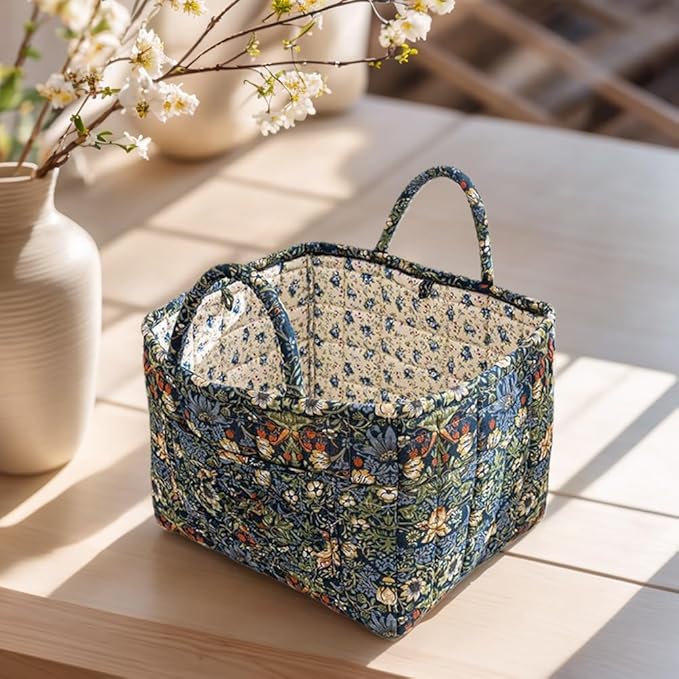 Quilted Fabric Storage Basket Boho Floral Laundry Hamper with Handle Foldable Floral Basket Organizer for Car Bedroom