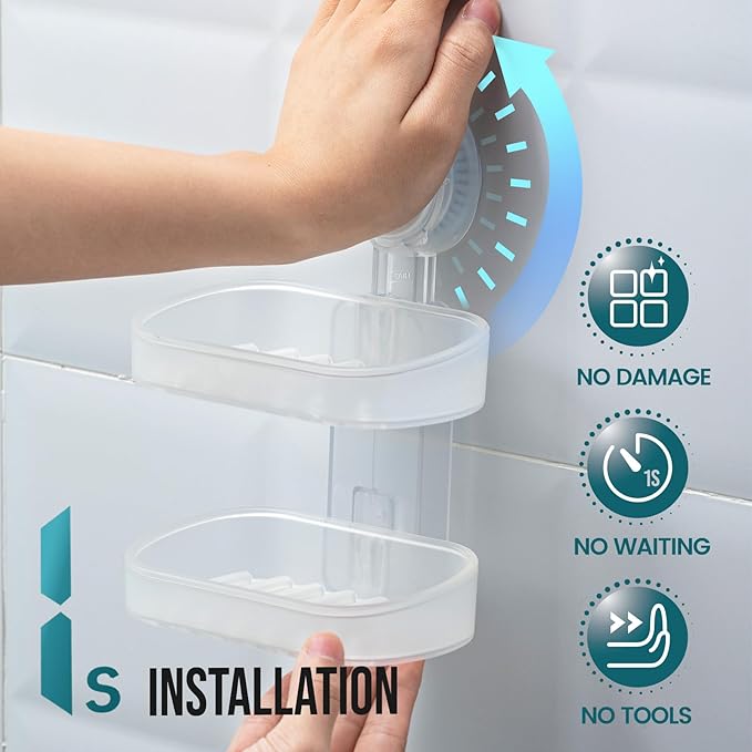 TAILI Soap Holder Soap Dish for Shower, Suction Cup Soap Holder for Shower Wall, Bathroom Accessories, Removable Strong Hold Soap Saver, Drill Free Double Soap Dish, Clear 2 Layer