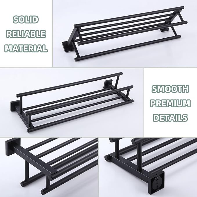 Bathroom Towel Shelf with Bar, Angle Simple Stainless Steel Bath Towel Rack, Double Towel Holder with Shelf, Wall Mount Train Rack Matte Black 23.62 Inches