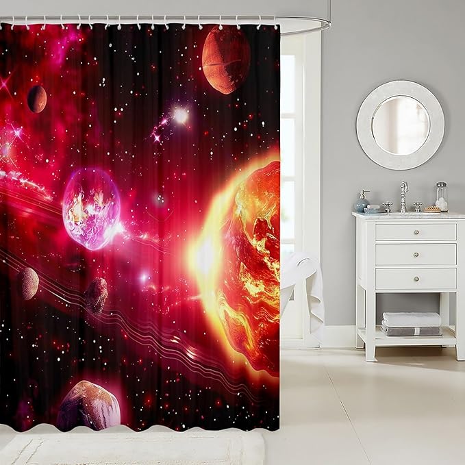 Feelyou Solar System Shower Curtain Kids Universe Planets Bathroom Shower Curtain Set for Bathtubs Pink Outer Space Galaxy Bath Curtain Chic Starry Sky Fabric Bath Curtain Bathroom Decor 72"x84"