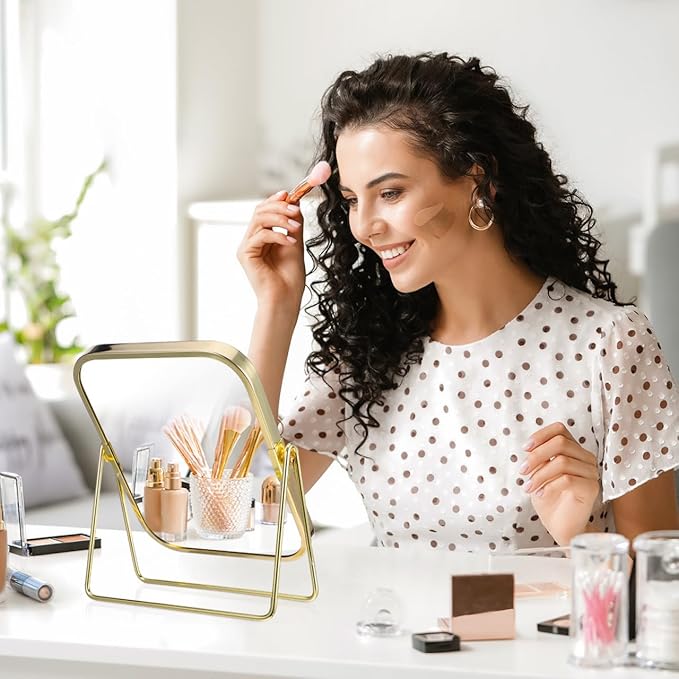 Mipcase Double-Sided Makeup Mirror with Stand: 360 Degree Swivel Tabletop Vanity Mirror with 1X / 2X Magnification for Dressing Table Bedroom Bathroom, 7.86X6.09X1.18in