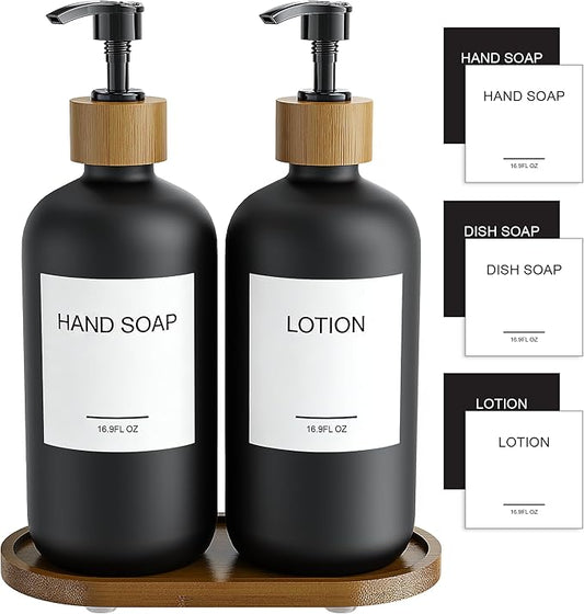 MASADI Black Glass Hand Soap and Lotion Dispenser Set with Tray, Liquid Hand Soap Dispenser and Pump, Bathroom Soap Dispenser Set, Bamboo Bathroom Accessories & Modern Bathroom Deco