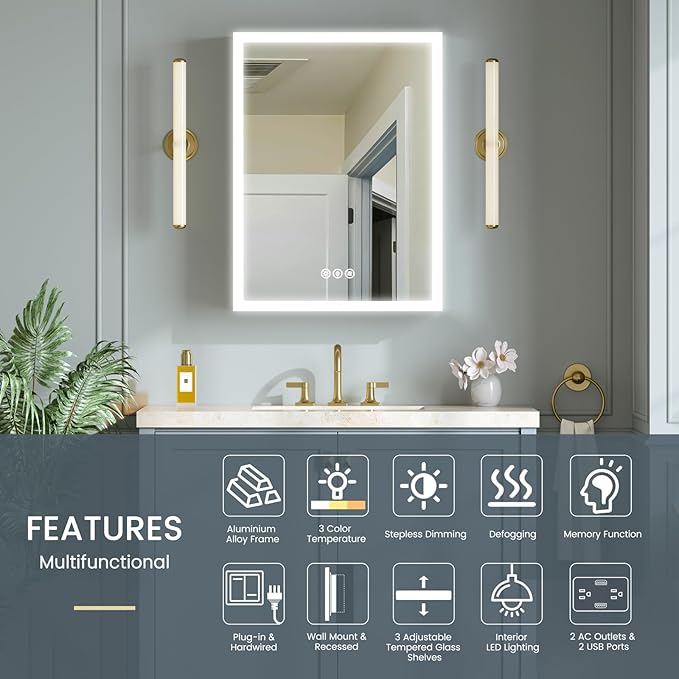 24x32 Inch Medicine Cabinet with Lights, AL Alloy Frame, Plug-in or Hardwired, Recessed or Wall Mount, Mirror Doors/3 Colors/Dimmable/Interior Sensor Light/Defog,2 Outlets &USBs,3 Shelves