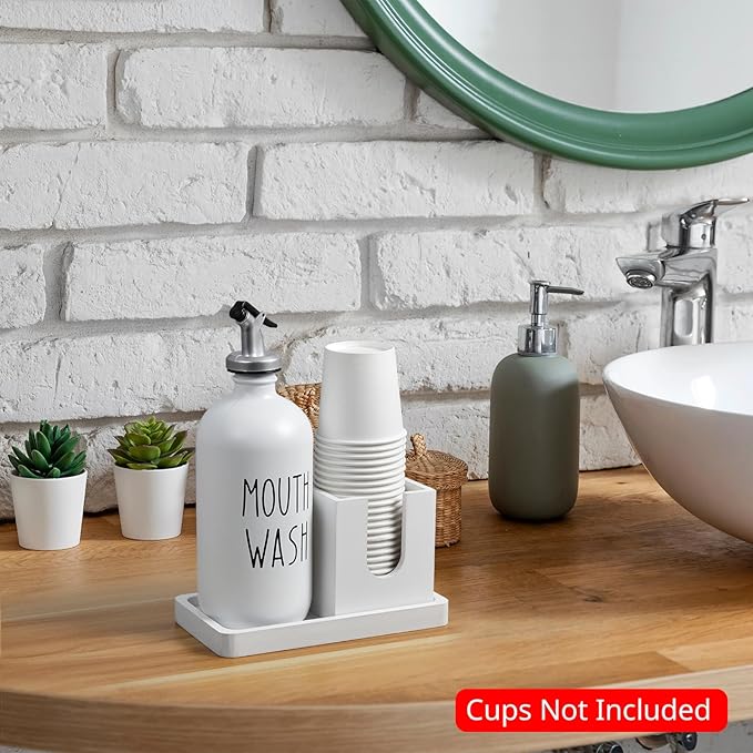 Glass Mouthwash Dispenser for Bathroom, 16 OZ Mouthwash Dispenser with Pour Spout and Wood Cup Holder and Tray, Mouth Wash Bottle Container, Farmhouse Kitchen Bathroom Decor and Accessories, White