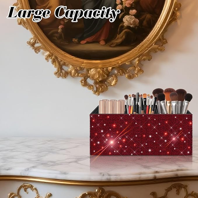 Bling Makeup Brush Holder Organizer, 3 Slot Sparkle Cosmetics Brushes Storage Holders with Shiny Rhinestones, Glitter Cute Pen and Pencil Holder for Desk, Eyeliners Display Case for Vanity???Wine Red???