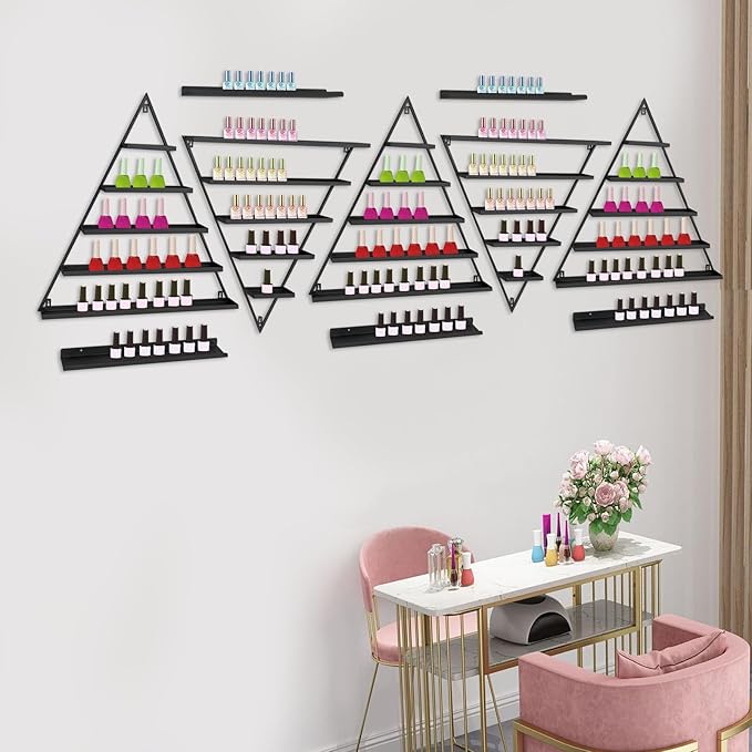Wall-Mounted Nail Polish Rack, Set of 10 Triangular Gold Nail Polish Shelf 5-Tier Lipstick Perfume Cosmetic Display Shelf for Home Spa Nail Salon Shop