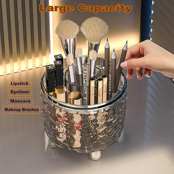 CHIRISEN 360 Rotating Makeup Brush Holder with Lid Dustproof Spinning Brush Storage for Bathroom Countertop, Cosmetic Tools Organizer with Cover for Vanity (Gray)