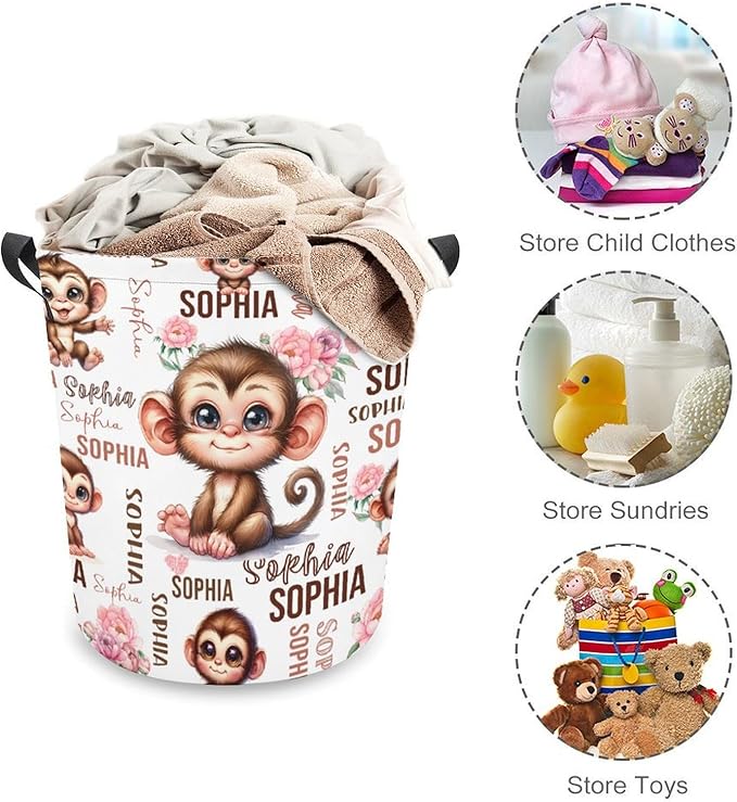 Custom Monkey Laundry Baskets, Personalized Monkey Gifts, Collapsible Laundry Hamper with Name for Kids Adults Home Decoration