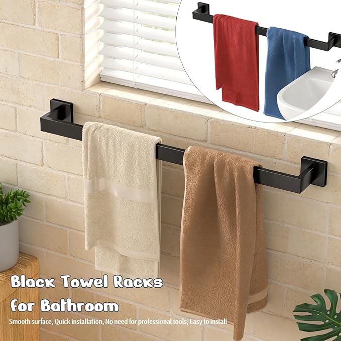 10Pcs Matte Black Bathroom Hardware Set, 24 Inch Towel Holder Accessories, Towel Rack Wall Mounted, Stainless Steel Square Hand Bar for Bathroom Shower Bath Kitchen Wall Mounted