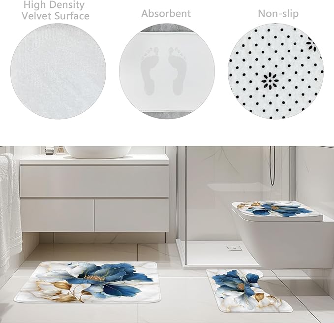 Riyidecor Blue Gold Floral 4Pcs Bathroom Shower Curtain Sets Abstract Minimalist Aesthetic Bathroom Decor Set with Rugs and Accessories Modern Toilet Lid Rug, Contour and Bath Mat with 12 Hooks