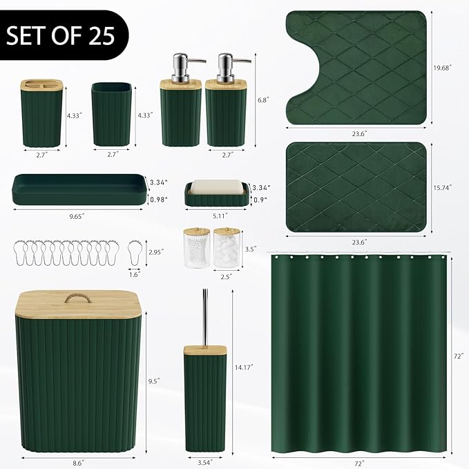 Bathroom Accessory Set - 25PC Bathroom Sets with Shower Curtain and Rugs, Green Bathroom Set, Bathroom Accessories Set, Shower Curtain Sets with Rugs, Bathroom Trash Can & Soap Dispenser
