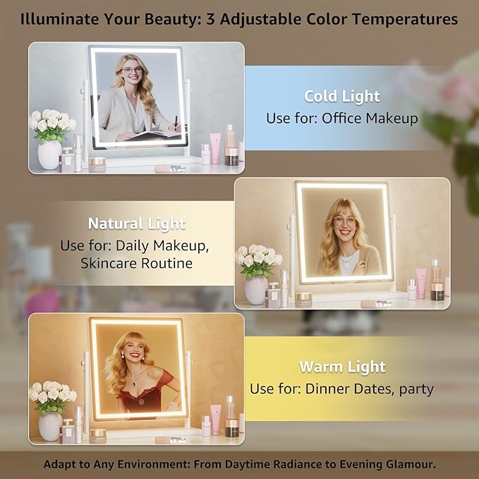 Makeup Vanity Mirror with Lights - 15.7"x15.7" LED Lighted Make Up Mirrors Adjustable Height, Touch Screen with 3-Color Lighting, Dimmable, 360° Rotation, for Dorm Desk Tabletop, Bedroom