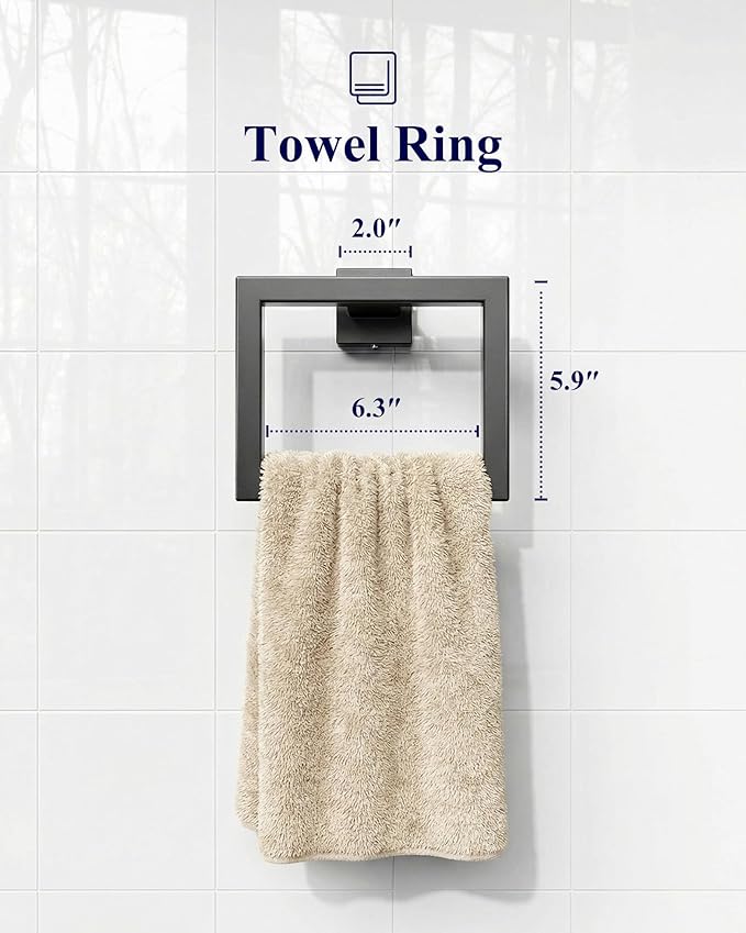 Kitsure 5-Pieces Bathroom Hardware Accessories Set, Rustproof Towel Racks for Bathroom Wall Mounted, 16" Towel Bar, Toilet Paper Holder, Ring & 2 Hooks, Matte Black