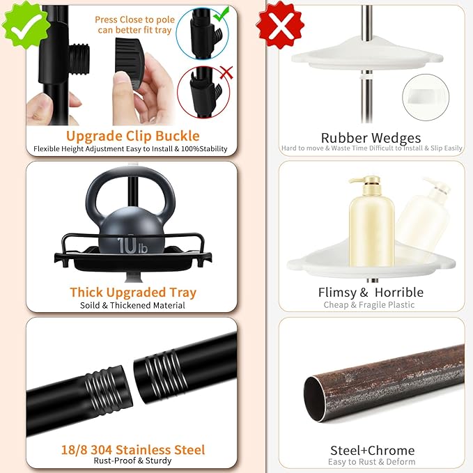 Rustproof Shower Caddy Tension Pole Corner Shower Caddy Organizer 4 Tier Adjustable Shelves with Tension Pole and Large Capacity for Bathtub Shampoo Accessories Storage Rack 38.8-122.7inch