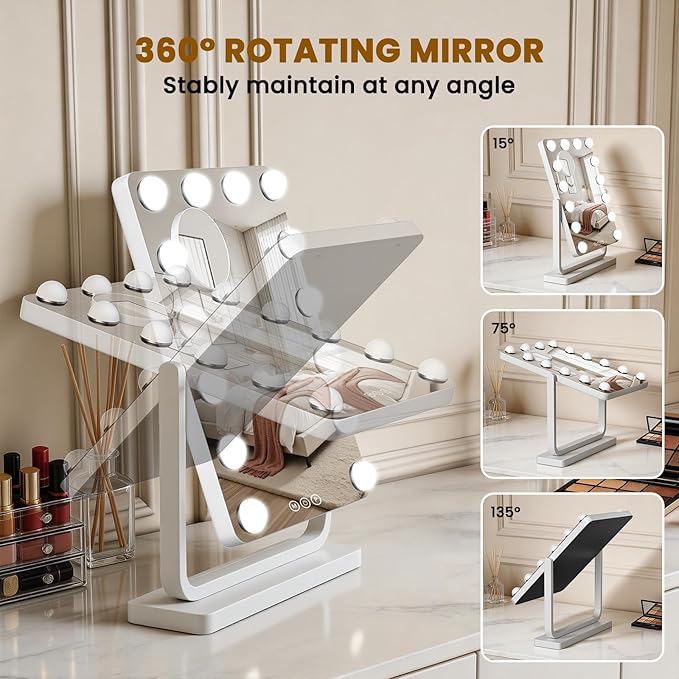 Vanity Mirror with Lights, 18"×15" Hollywood Makeup Mirror with 14 Dimmable Bulbs, 3-Color Lighting, Dimmable, 360° Rotation, 10x Magnification, Desk Mirror, Bedroom (White)
