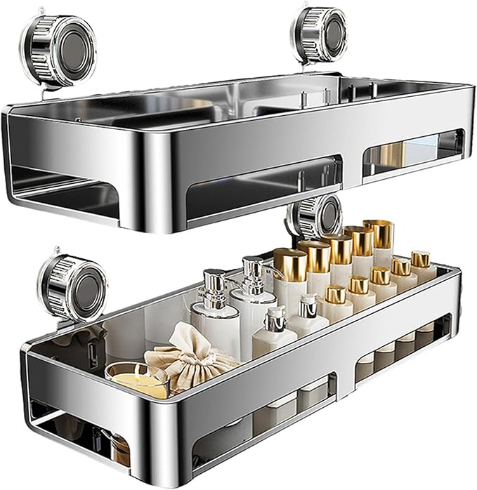 Bathroom Shelf Organizer, 40x15x10.5cm Stainless Steel ABS Suction Cup Wall Storage Rack, Rustproof Holder for Shampoo, Body Wash, Soap, Kitchen
