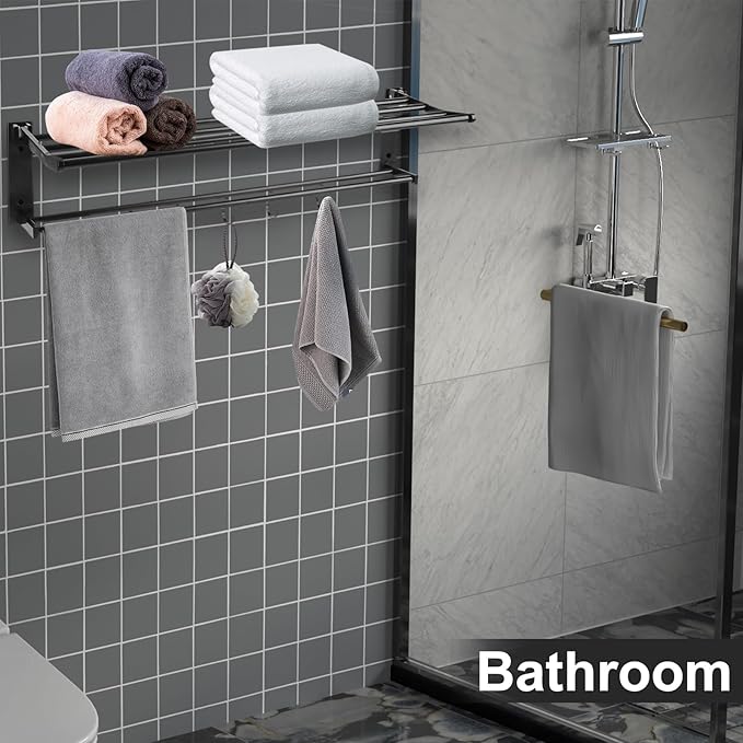 Towel Racks for Bathroom Wall Mounted, 24 Inch Foldable Towel Holder with 5 Movable Hooks,Rustproof Towel Organizer for Bathroom Lavatory Hotel Bath Matte Black