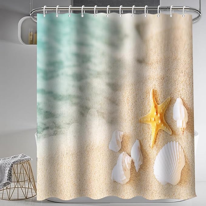 Lnond 4Pcs Summer Beach Shower Curtain Sets with Rugs, Seashore Starfish Shell Bathroom Sets with Shower Curtain and Rugs and Accessories