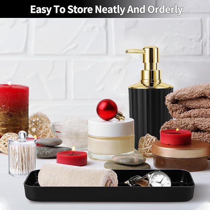 XLHOMO 9PCS Black and Gold Bathroom Accessories Set Complete with Trash Can, Vanity Tray, Soap Dispenser, Soap Dish, Toothbrush Holder, Toothbrush Cup, Toilet Brush and Qtip Holders
