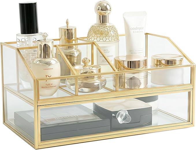 JIARI Glass Makeup Organizer with Drawer, Gold Brass Frame Jewelry Display Box, Nordic Style Cosmetic Storage for Vanity Bathroom Bedroom Office, 9.44x5.43x4.92 Inches (Storage Box-2 Tier)
