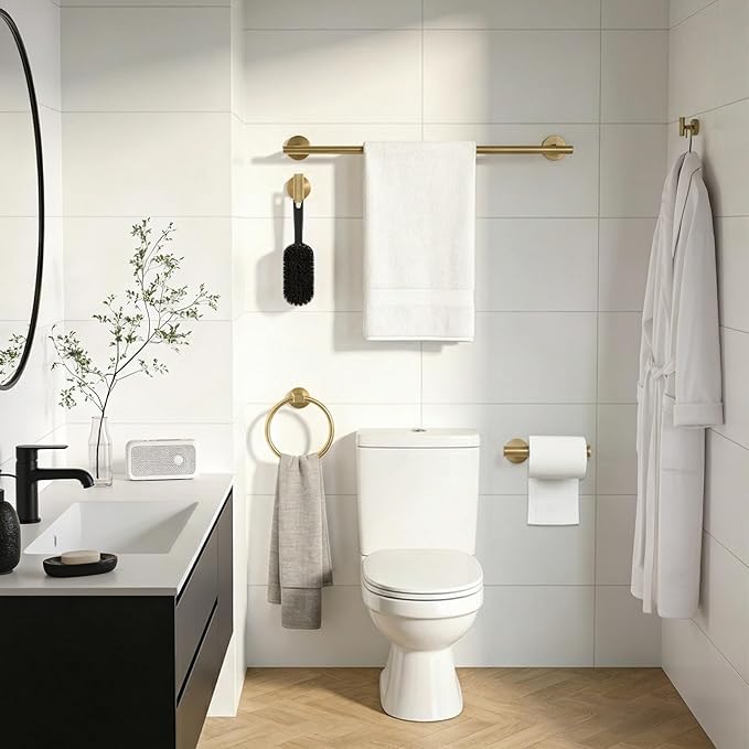 24 Inch Usable Towel Bar, 5-Piece Blushed Gold Bathroom Accessories, SUS304 Stainless Steel Towel Ring Holder, Toilet Paper Holder with 2 Hooks, Wall Mounted Modern Bathroom Hardware Set