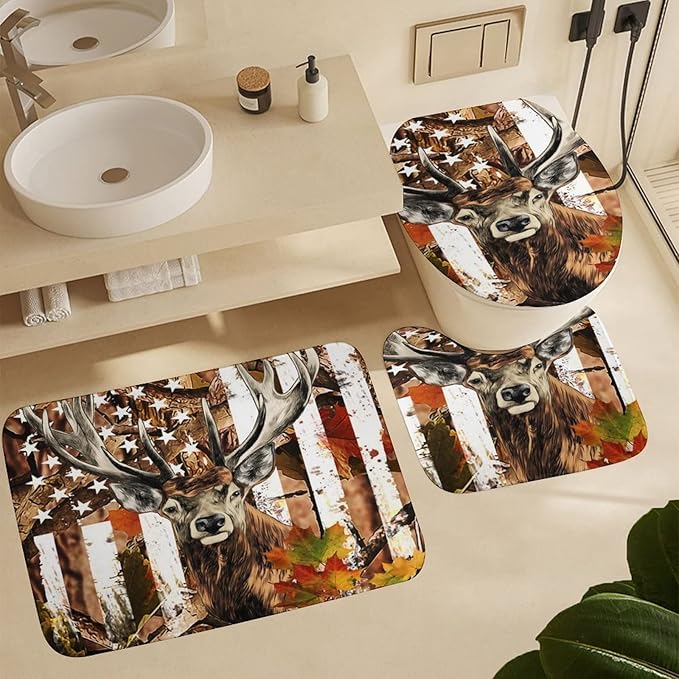Rustic Deer Camouflage Deer Elk 4 Piece Shower Curtain Sets, Non-Slip Rugs, Toilet Lid Cover and Bath Mat, Durable and Waterproof, for Bathroom Decor Set One Size