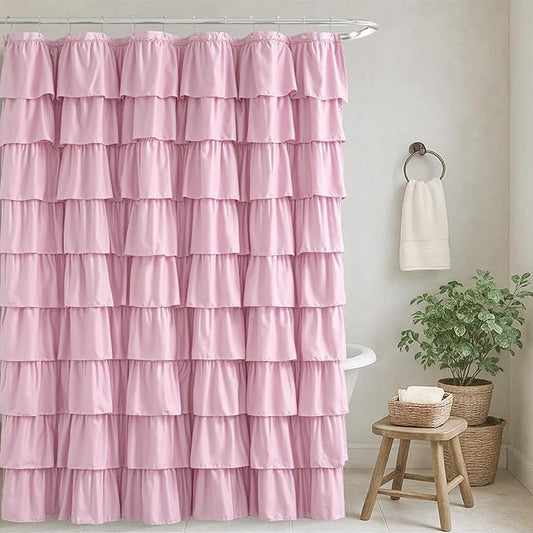 Seasonwood Pink Ruffle Shower Curtain Cute Girly Shower Curtain Farmhouse Vintage Handcrafted Rustic Decorative Fabric Shower Curtains for Bathroom, 72" x 72"