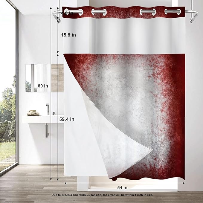Shrahala Grey Abstract Tie Dye No Hooks Shower Curtain with Snap in Liner Set, Dark Red Modern Abstract Art Maroon Bathroom Décor Polyester Fiber Waterproof for Stall Bathtubs 54 X 80 in