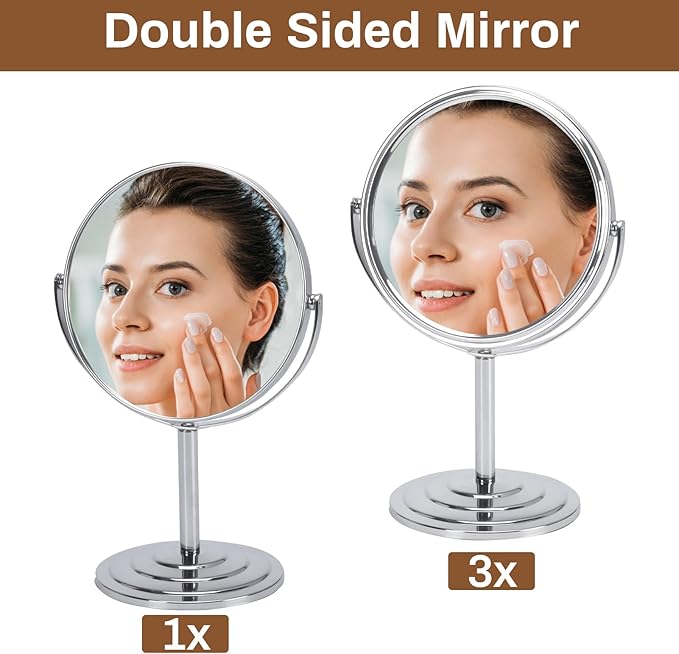 1X 3X Magnifying Makeup Mirror Vanity Mirror for Tabletop, Silver 7 Inch Standing Bathroom Cosmetic Mirror, Portable Double Sided Magnification Mirror