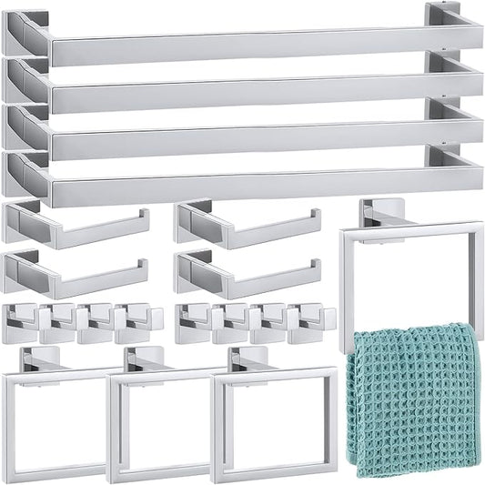 Gisafai 20 Pcs Silver Bathroom Hardware Accessories Set 23.6 Inch Bath Towel Bar Kit Stainless Steel Bathroom Hardware Set Towel Racks Ring Robe Hooks Paper Holder for Wall Mounted