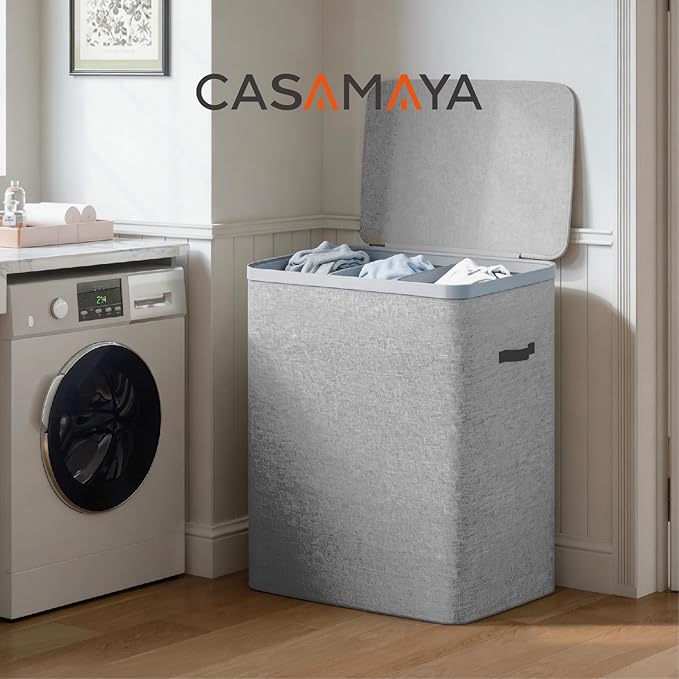 CASAMAYA Laundry Basket with Lid, Laundry Hamper 3 Section, 190L collapsible Laundry Organizer, Easy Assembly, with Handles and Removable Liners, 25.2 x 15.7 x 29.5 Inches, Gray JSP904G