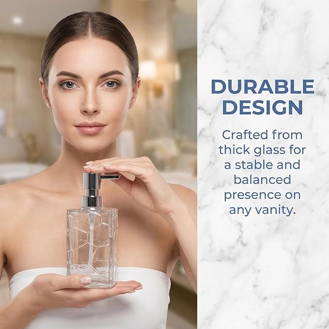 Clear Glass Soap Dispenser with Pump Geometric Texture Refillable Decorative Hand Soap Dispenser for Bathroom Kitchen Countertop