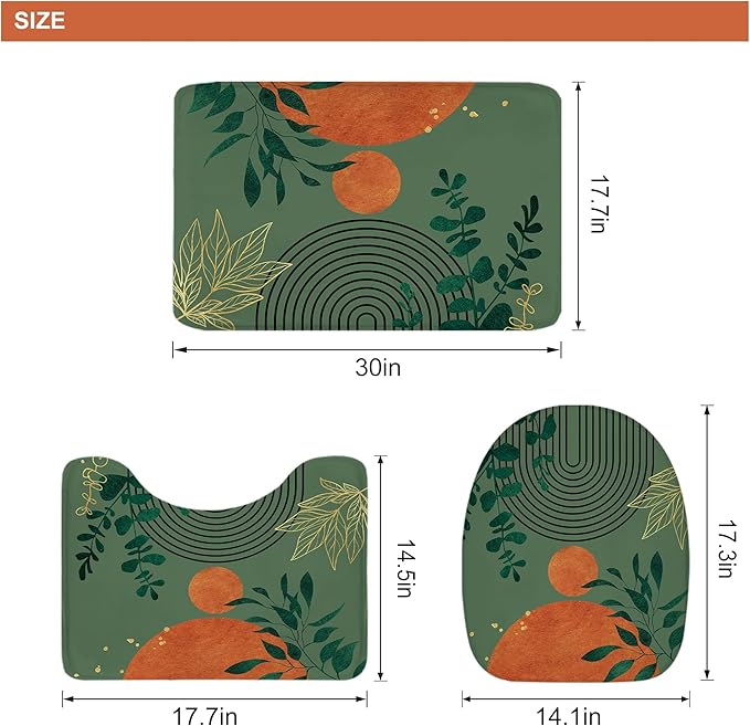 Riyidecor Mid Century 4Pcs Bathroom Shower Curtain Sets Modern Aesthetic Minimalist Geometric Bathroom Decor Set with Rugs and Accessories Abstract Toilet Lid Rug, Contour and Bath Mat with 12 Hooks