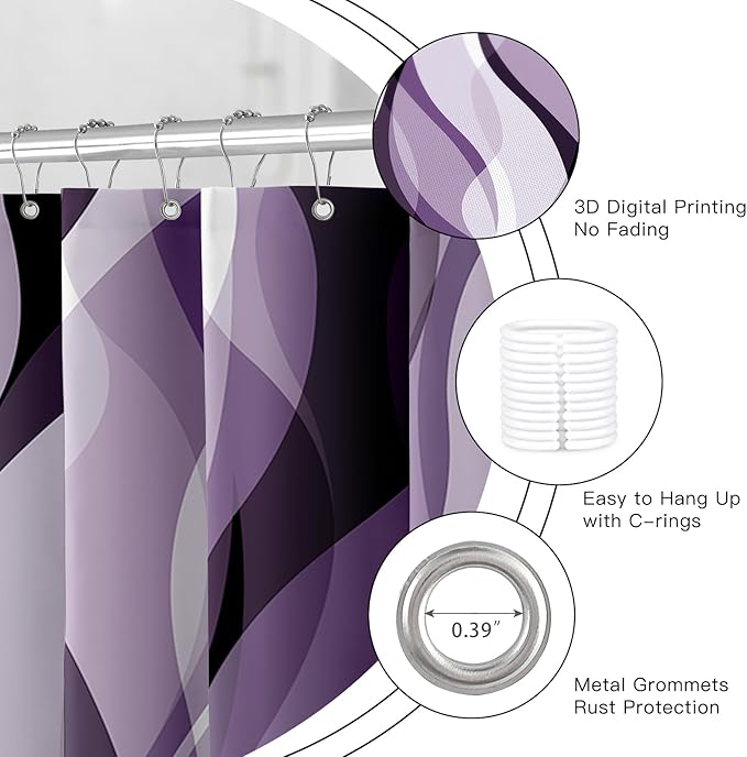 4PCS Purple Bathroom Sets with Shower Curtain and Rugs, Lavender Abstract Striped Shower Curtain Sets with Rugs, Modern Luxury Bathroom Curtains Shower Set with Toilet Lid Cover