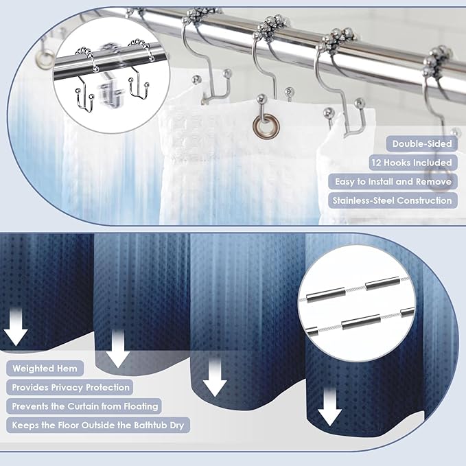 Britimes Navy Blue Stripes Bathroom Sets with Shower Curtain and Rugs, Ombre Modern Abstract Waterproof Shower Curtain Liner and Soft Non Slip Bath Mat for Bathroom Decor and Accessories Hooks