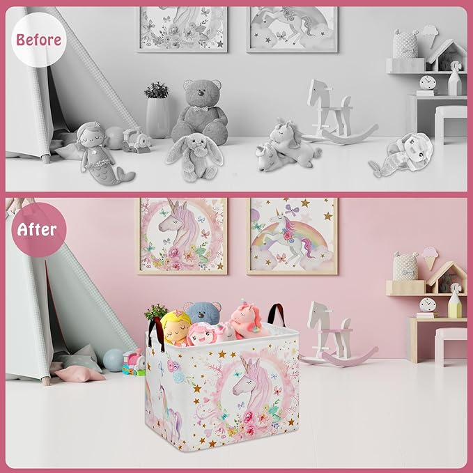 Unicorn Room Decor Kids Basket,Pink Baby Girl Laundry Hamper-Rainbow Toddler Storage Toy Box,Cute Clothes Book Toy Bin for Bedroom Bathroom