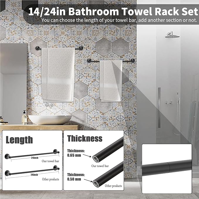Newfun 8-Pieces 24 Inch Matte Black Bathroom Hardware Set, Bathroom Accessory Set, Includes 24" Adjustable Bath Towel Bar, Towel Rings Wall Mounted, Toilet Paper Holder, Robe Towel Hooks