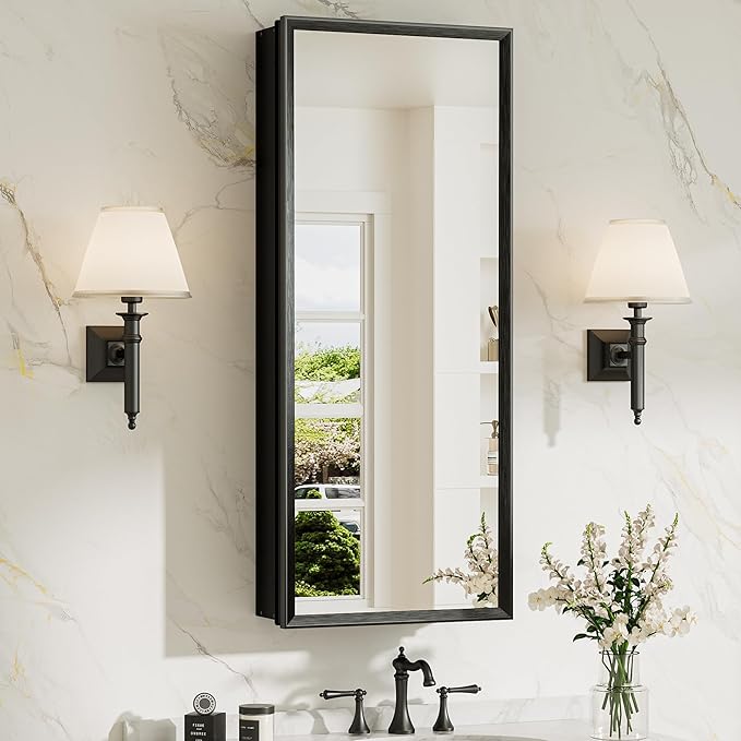 TokeShimi 15 x 36 Black Recessed Medicine Cabinet with Mirror, Assembly Required, Bathroom Medicine Cabinet with Mirror, Stepless Adjustable Shelves, Beveled Aluminum Frame, DTC Hinge
