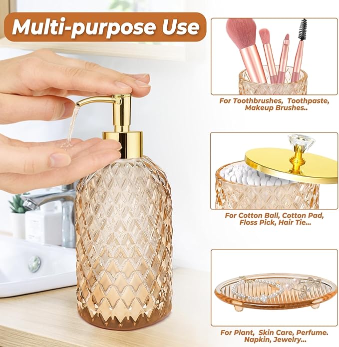 Jenseits Amber Glass Bathroom Accessories Set 4 Pcs - Vintage Diamond Pattern Bathroom Set with Gold Pump - Soap Dispenser, Tray, Toothbrush Holder, Qtip Holder - Rustic Farmhouse Decor