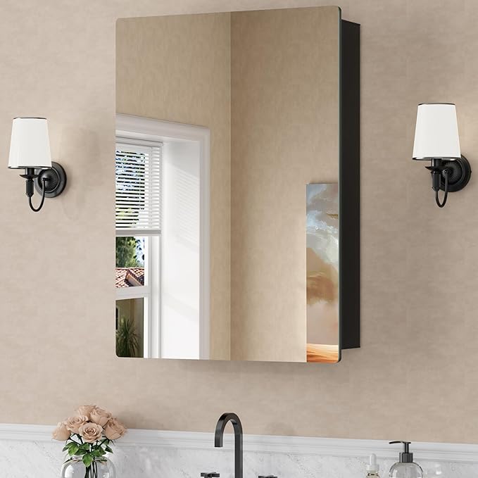 20x28 Inch Medicine Cabinet with Mirror, Recessed or Surface Mounted Bathroom Cabinets for Storage, 2 Fully Adjustable Tempered Glass Shelves, Soft-close DTC Hinges, HD Reflection Mirror Door, Black