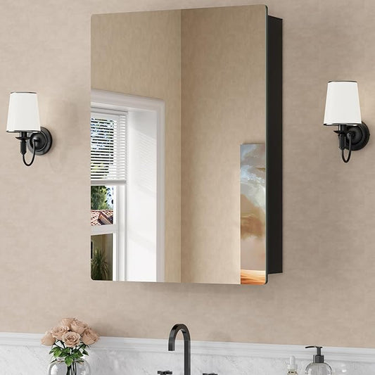 24x30 Inch Medicine Cabinet with Mirror, Recessed or Surface Mounted Bathroom Cabinets for Storage, 2 Fully Adjustable Tempered Glass Shelves, Soft-close DTC Hinges, HD Reflection Mirror Door, Black