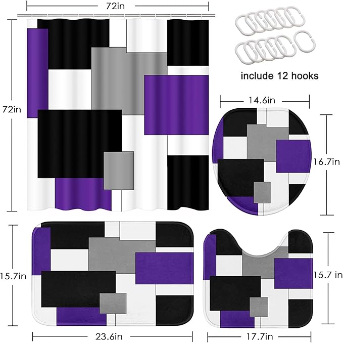Purple Geometric Shower Curtain Set with Toilet Lid Cover and Non-Slip Rugs for Bathroom, Grey Black White Checkered 4 Pcs Shower Curtain, Abstract Modern Bathroom Set with 12 Hooks