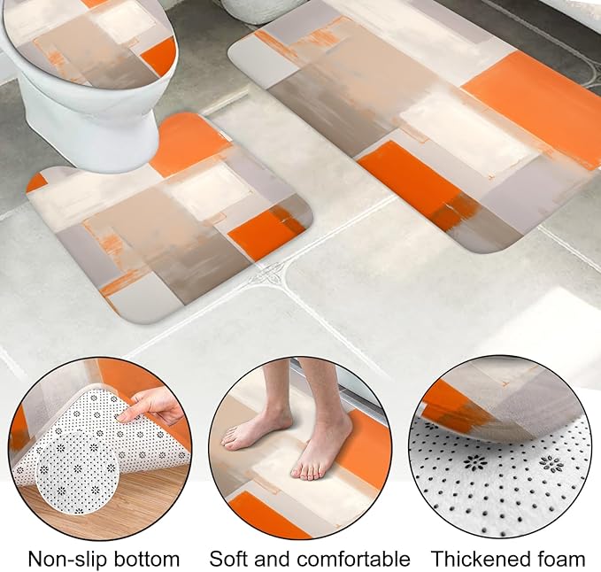 Lnond 4Pcs Bathroom Shower Curtain Sets with Rugs,Orange Brown Painting Art Bathroom Sets with Shower Curtain and Rugs and Accessories