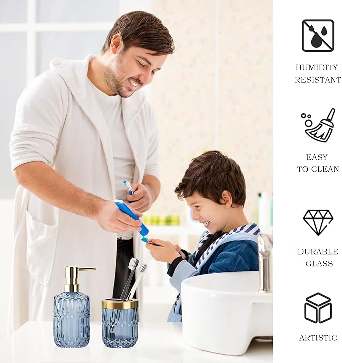 Glass Bathroom Accessories Set, 2PCS Clear Glass Bathroom Accessory, Toothbrush Holder and Soap Dispenser Set for Modern Bathroom Decor(Blue)