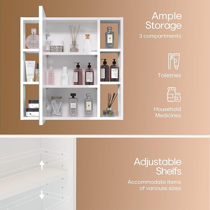 Bathroom Cabinet with Mirror, Wall Cabinet with 2 Mirrored Doors, Adjustable Shelf, Open Compartment, Wall-Mounted, 24x24 Inches, White (Assembly Required)