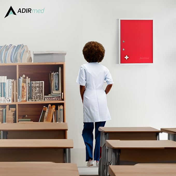 AdirMed Locking Medicine Cabinet Wall Mounted First Aid Cabinet with Lock, Lockable Wall Medicine Cabinet with Dual Lock and Dual Keys, 21" H x 16" W x 6" D, Red
