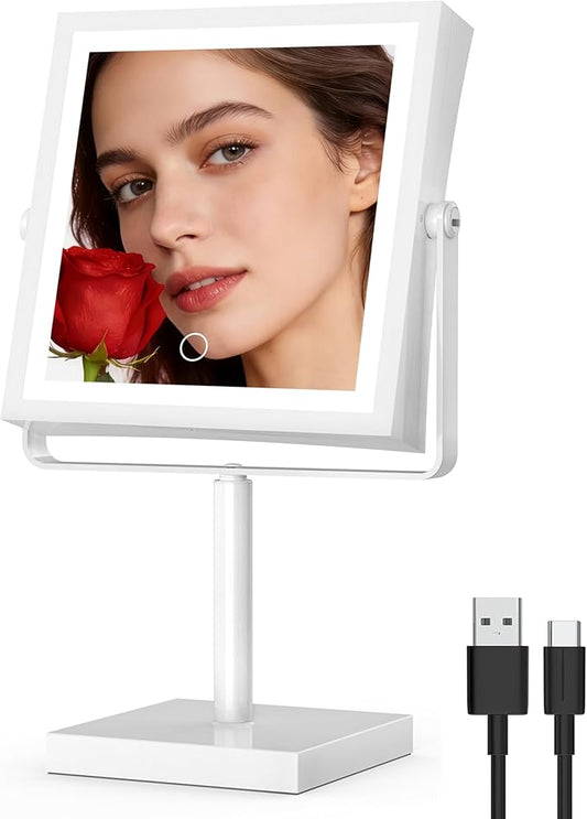 Ruacq Makeup Mirror with Lights, 4000mAh Rechargeable Magnifying Mirror with Light, 1X/10X, Height Adjustable Bathroom Vanity Mirror, 3 Colors, Adjustable Brightness (White)