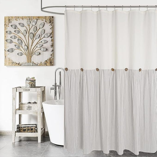 Farmhouse Shower Curtain,Beige and Gray Striped,Button Curtain,Spa Waffle and Cotton Woven Fabric,Rustic Charm Country Chic Style,72x84 in