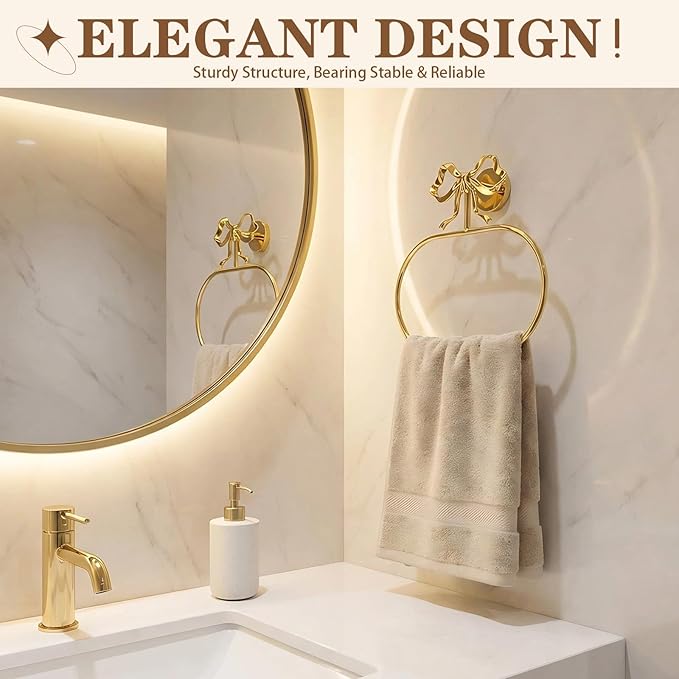 Gold Bow Hand Towel Holder, Coquette Oval-Shaped Brass Towel Ring Bow Modern Girly Decorative Wall Mount Towel Racks with Hardware Accessories for Room Bathroom Kitchen Decor